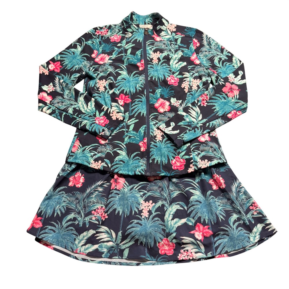 Tommy Bahama Everyday Active Tropical Floral Full Zip Jacket and Skort Set Navy